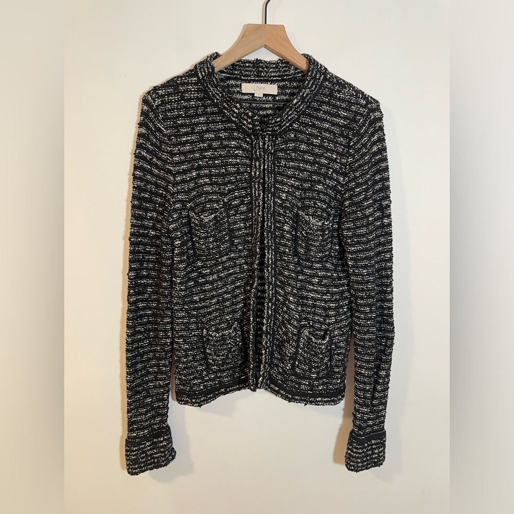 LOFT Sweater Womens Large Black White Chunky Knit Cardigan Wool Blend Casual